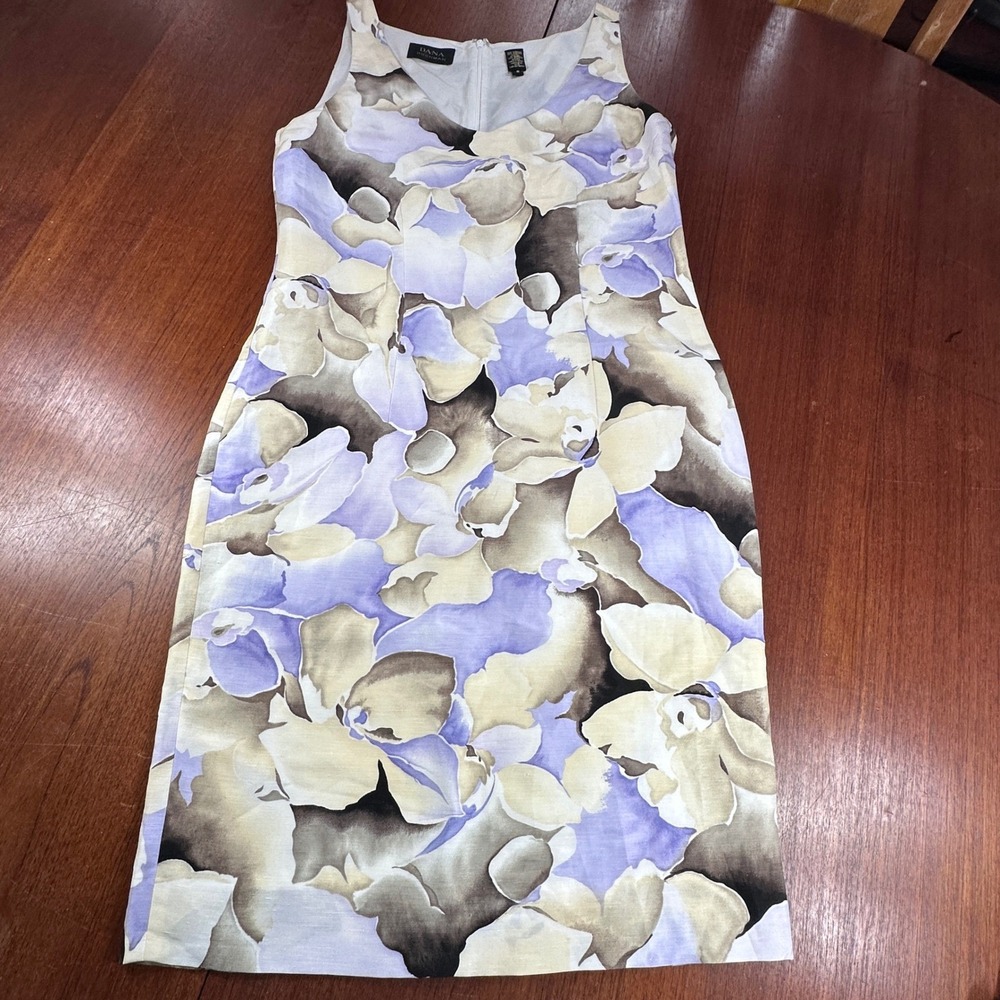 Dana Buchman Floral Sheath Dress Sz 8 Purple Linen Silk Blend Classic career